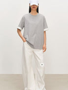 MSBEAST Color Block Cuff Cotton Blend T Shirt in Gray - On Female Model