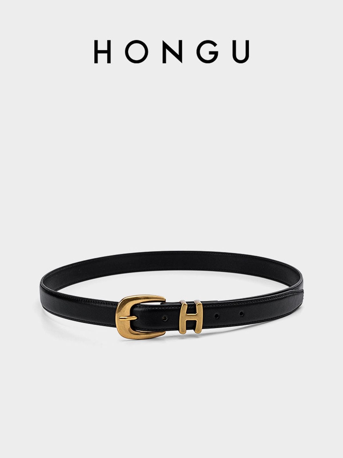 HONGU Slim Leather Pin Buckle Belt in Black