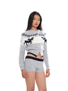 SweetChilling Reindeer Jacquard Wool Blend Cardigan in Gray - On Female Model