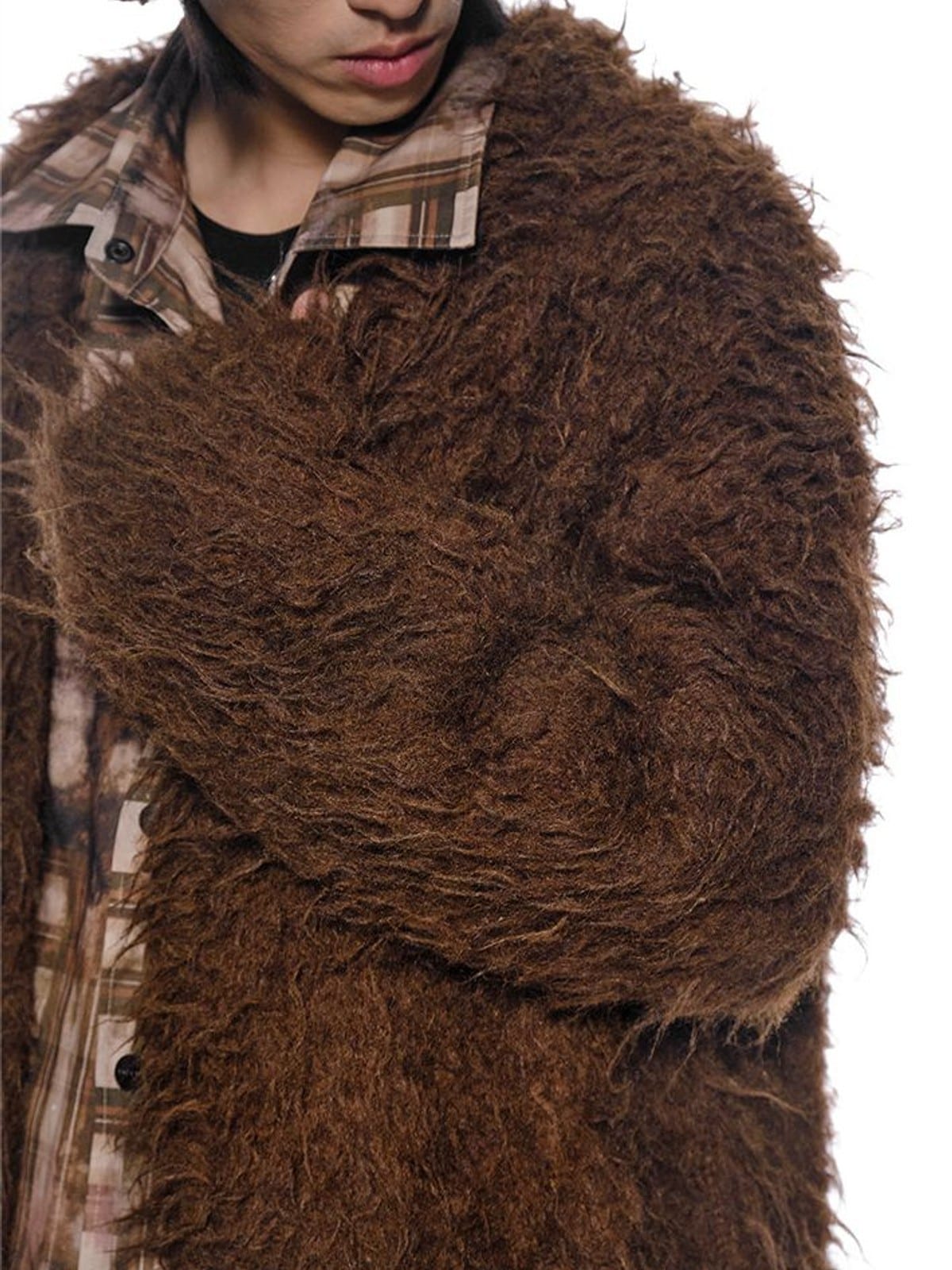 D5ove Shaggy Poly Wool Cardigan in Brown - On Male Model