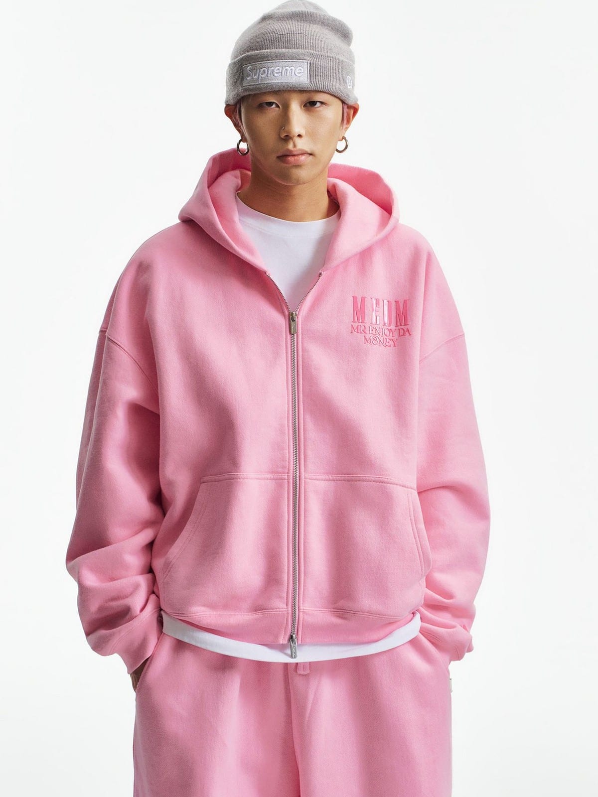MEDM 3D Logo Two Way Zip Cotton Hoodie in Pink - On Male Model