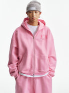 MEDM 3D Logo Two Way Zip Cotton Hoodie in Pink - On Male Model