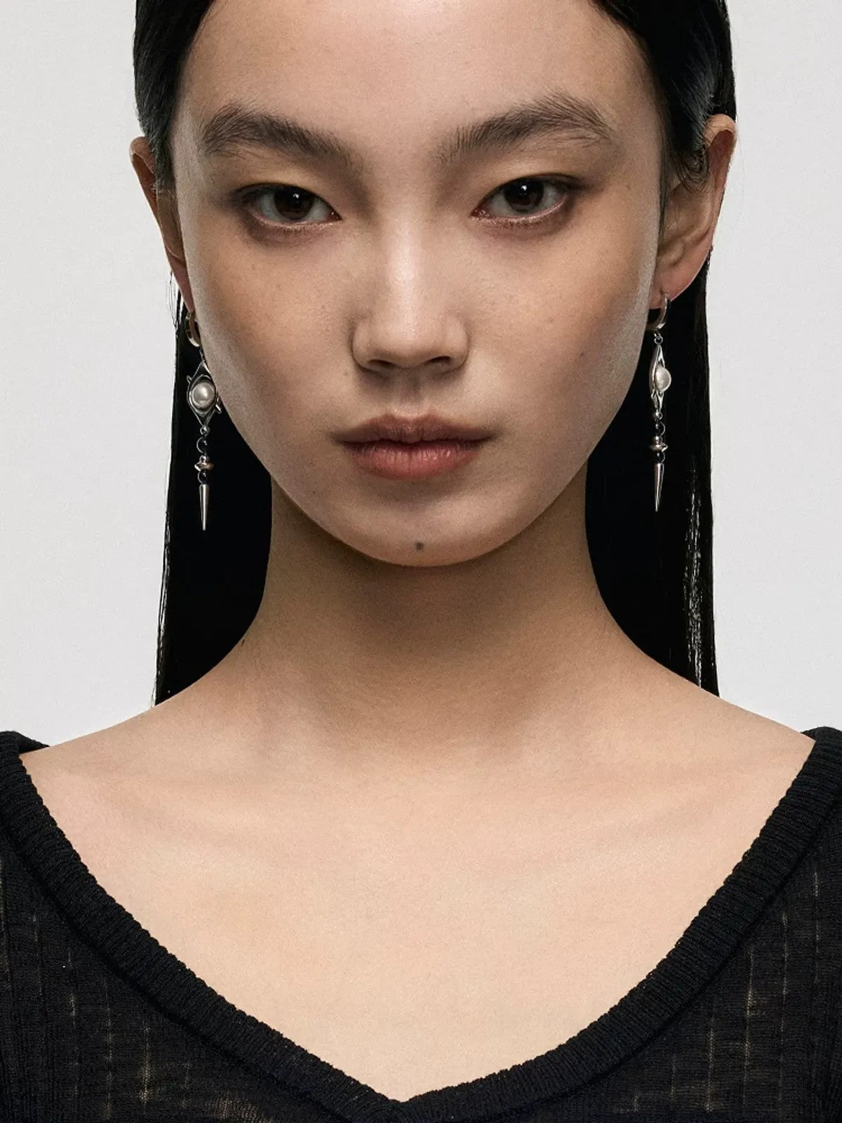 BLACKHEAD Pearl Eye Spike Drop Earrings in Silver - On Female Model