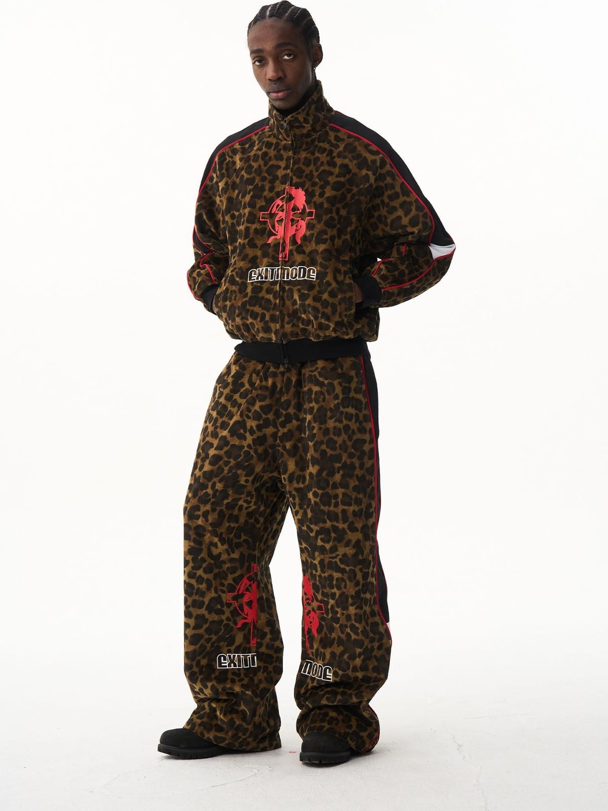 BLINDNOPLAN Leopard Print Zip Up Jacket in Brown - On Male Model