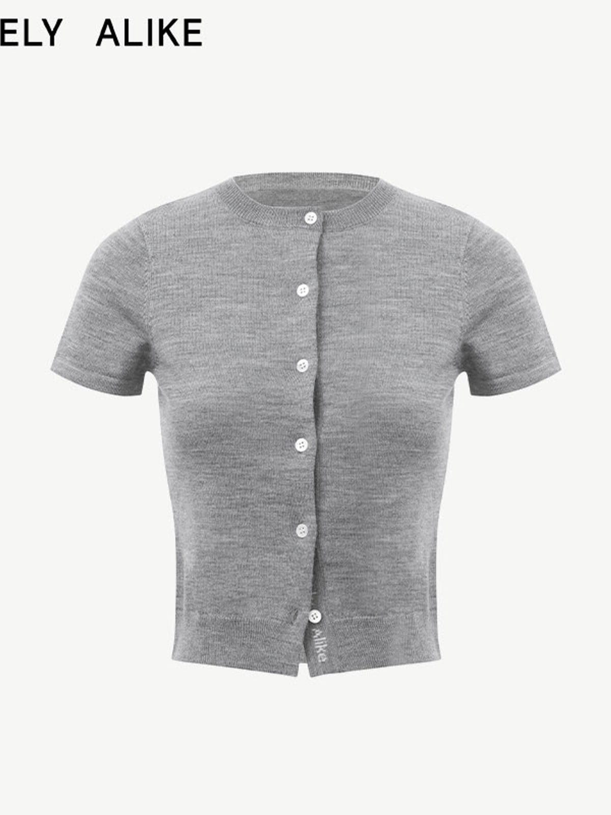 RARELY ALIKE Pure Wool Short Sleeve Cardigan in Gray