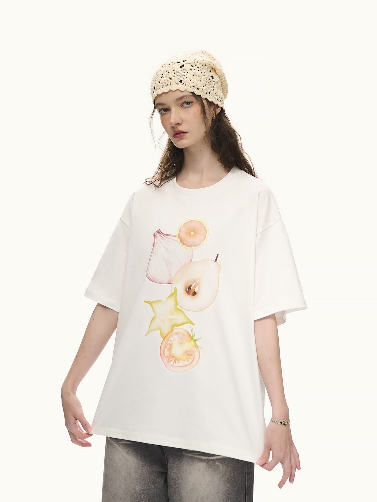 LOSTCTRL Fruit Veggie Print Cotton Blend T Shirt in White - On Female Model