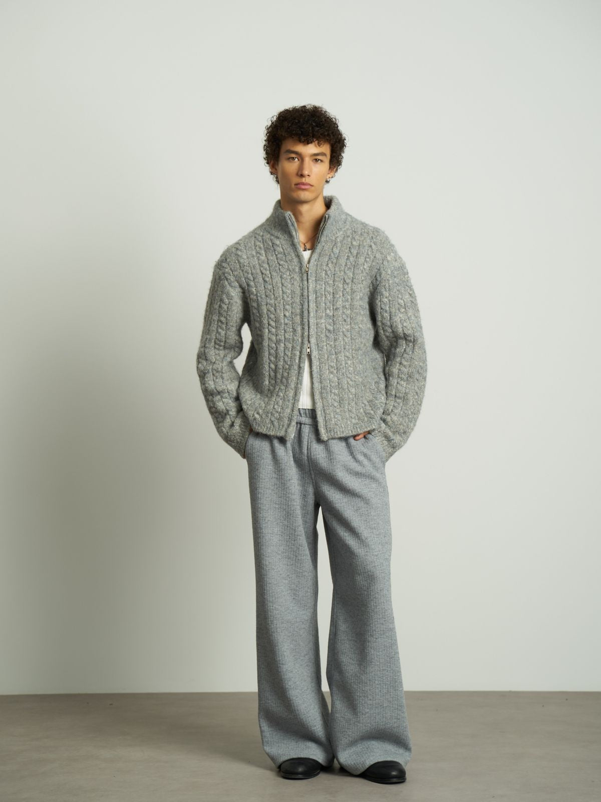 RETRO21 Double Zip Cable Knit Cardigan in Gray - On Male Model