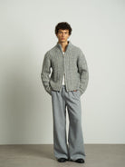 RETRO21 Double Zip Cable Knit Cardigan in Gray - On Male Model