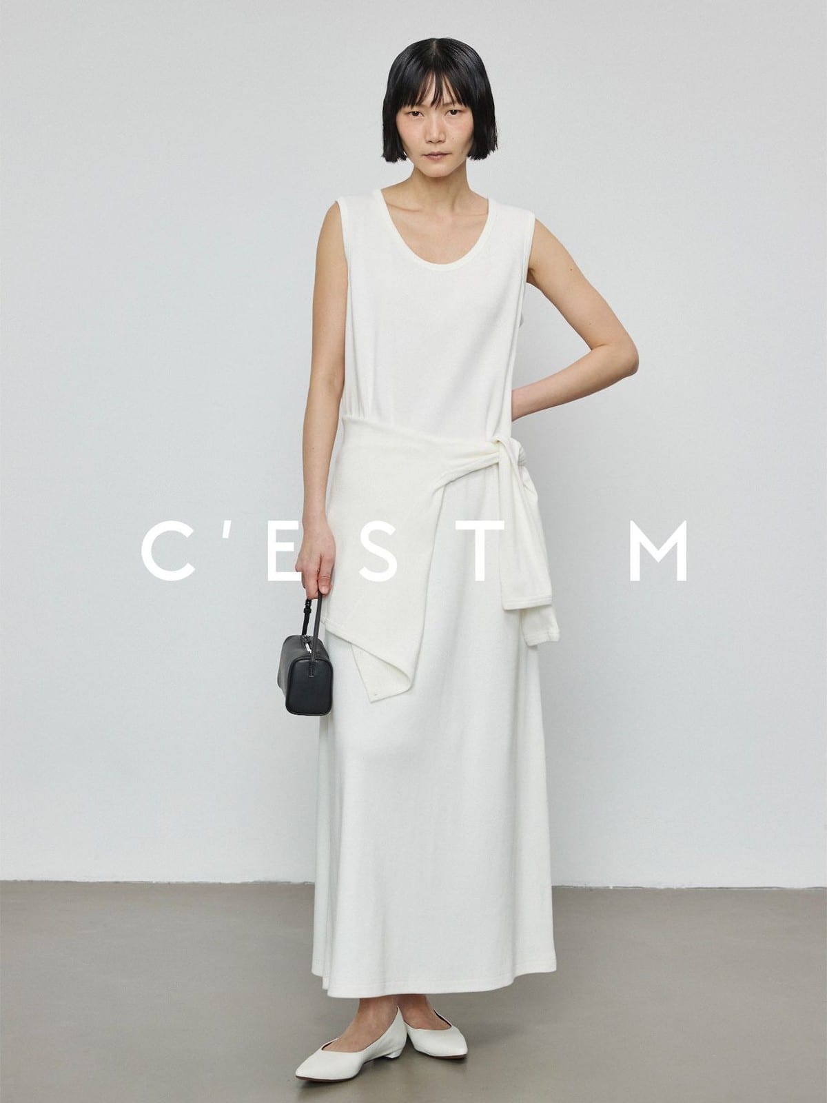 CEST M Textured Ribbed Cotton Sleeveless Dress in White - On Female Model