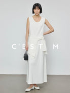 CEST M Textured Ribbed Cotton Sleeveless Dress in White - On Female Model