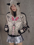 CFIERCE Bow Skull Horned Zip Hoodie in Gray - On Female Model