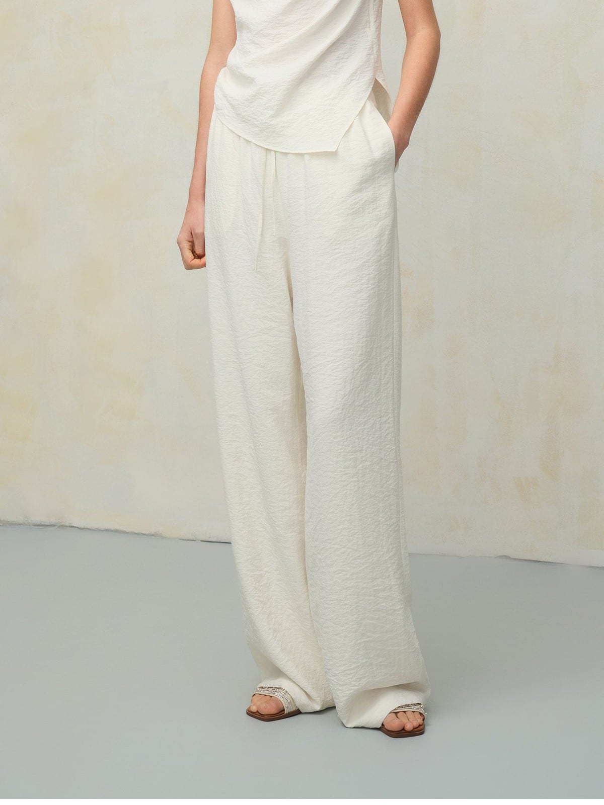 TEASEL Crinkled Silk Blend Shirt Pants Set in Cream - On Female Model