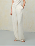TEASEL Crinkled Silk Blend Shirt Pants Set in Cream - On Female Model