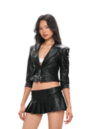 SweetChilling Faux Leather Cropped Jacket Pleated Skirt in 皮裙 - On Female Model