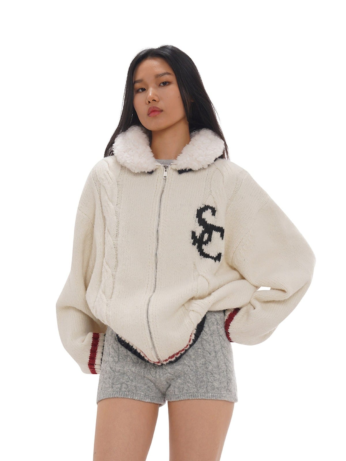 SweetChilling Sherpa Collar Varsity Jacquard Cardigan in White - On Female Model