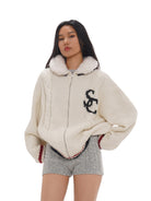 SweetChilling Sherpa Collar Varsity Jacquard Cardigan in White - On Female Model