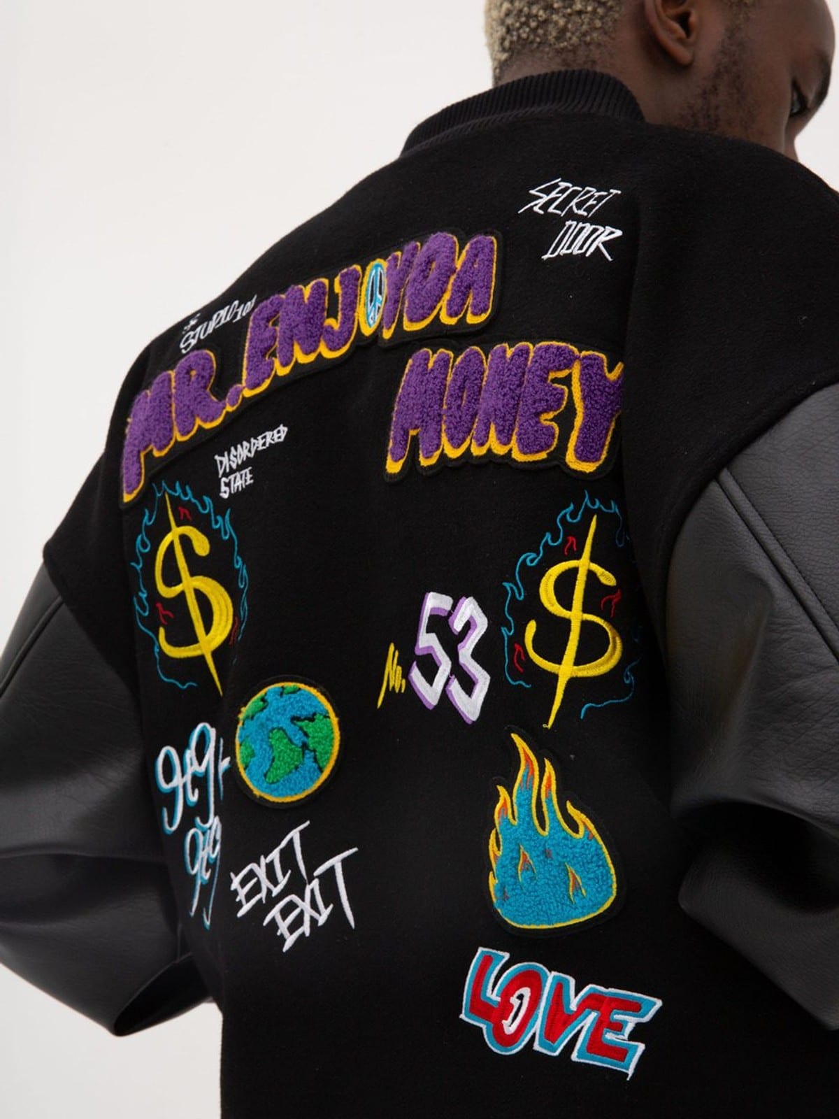 MEDM Wool Blend Varsity Jacket in Black - On Male Model