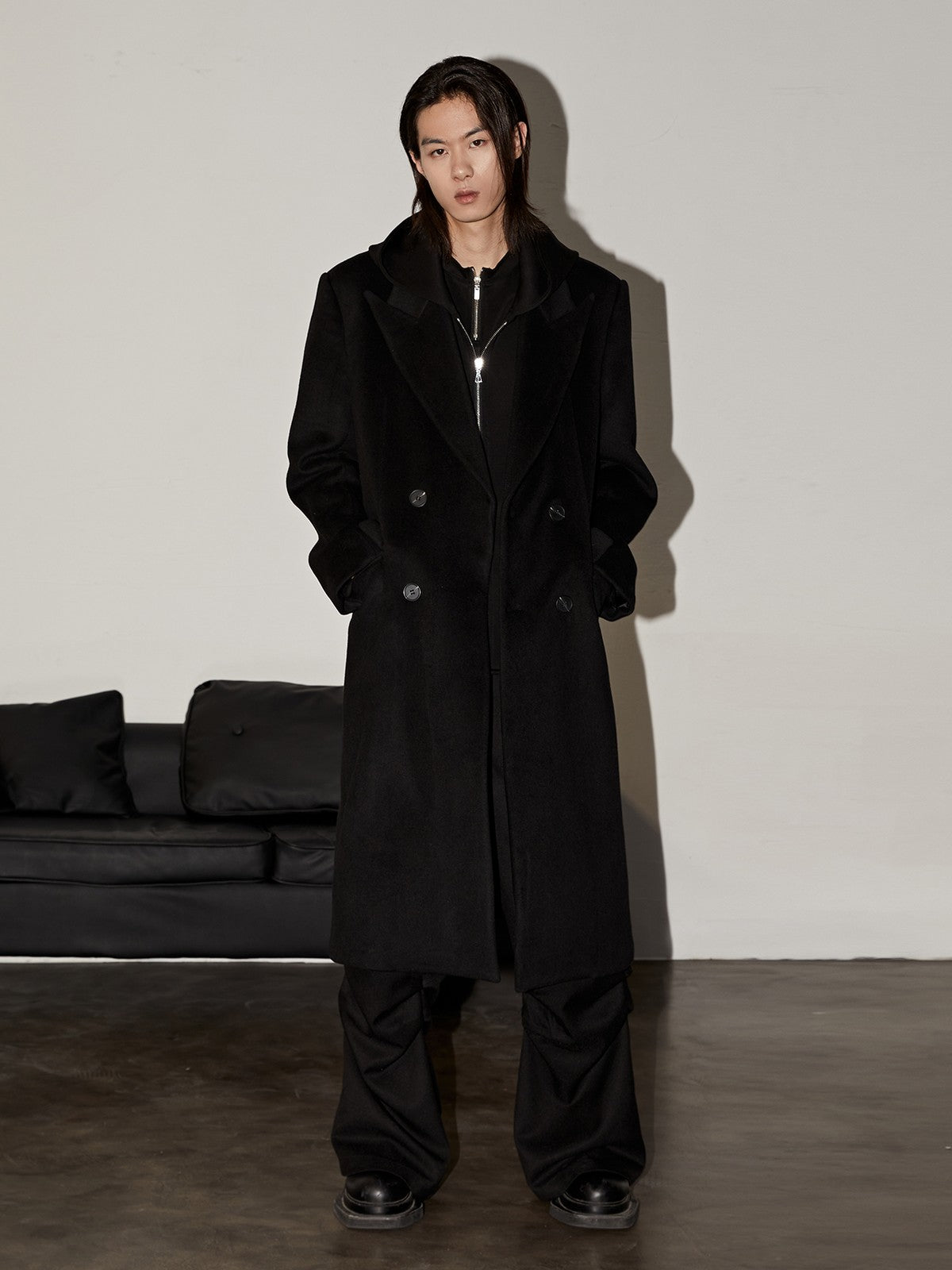 Y OFFICIAL Double Faced Wool Blend Hooded Coat in Black - On Male Model