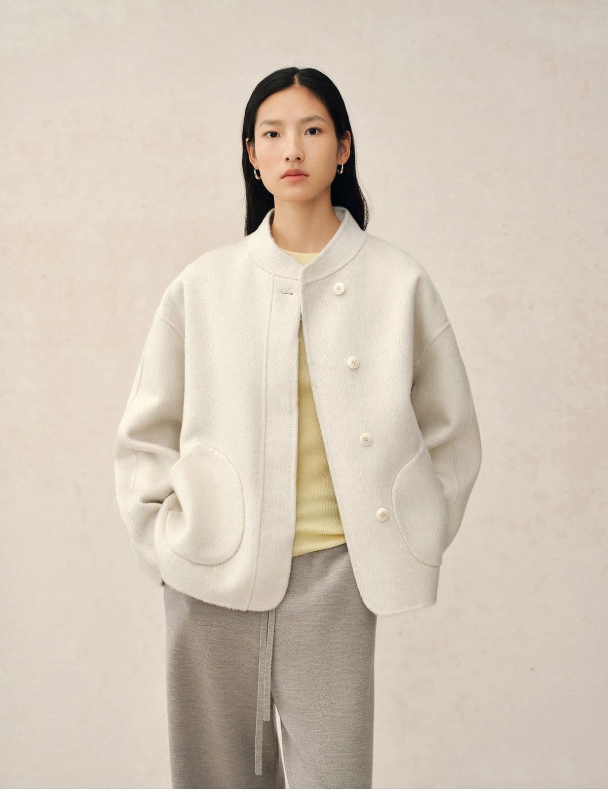 TEASEL Wool Blend Stand Collar Short Coat in Oatmeal - On Female Model