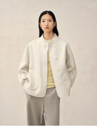 TEASEL Wool Blend Stand Collar Short Coat in Oatmeal - On Female Model