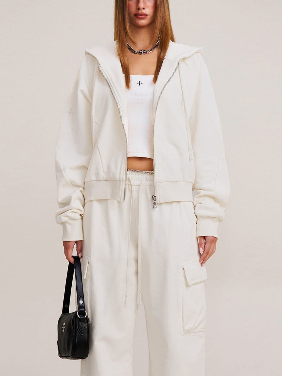 SMFK Garment Dyed Cotton Zip Up Hoodie in White - On Female Model