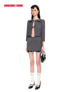 SHUSHUTONG Peter Pan Collar Wool Blend Jacket in Gray - On Female Model