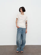 Random Piece Asymmetrical Pleated Silk Blend T Shirt in White - On Female Model