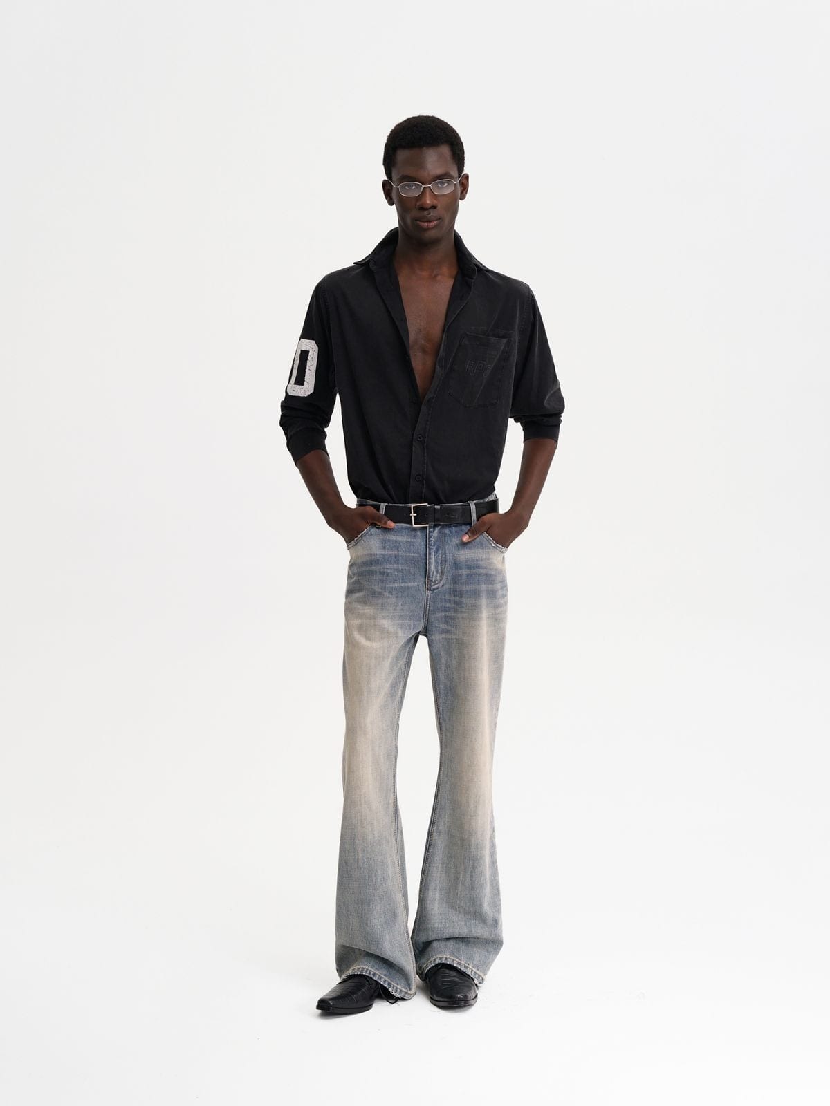 MASONPRINCE Faded Slub Flared Jeans in Denim - On Male Model