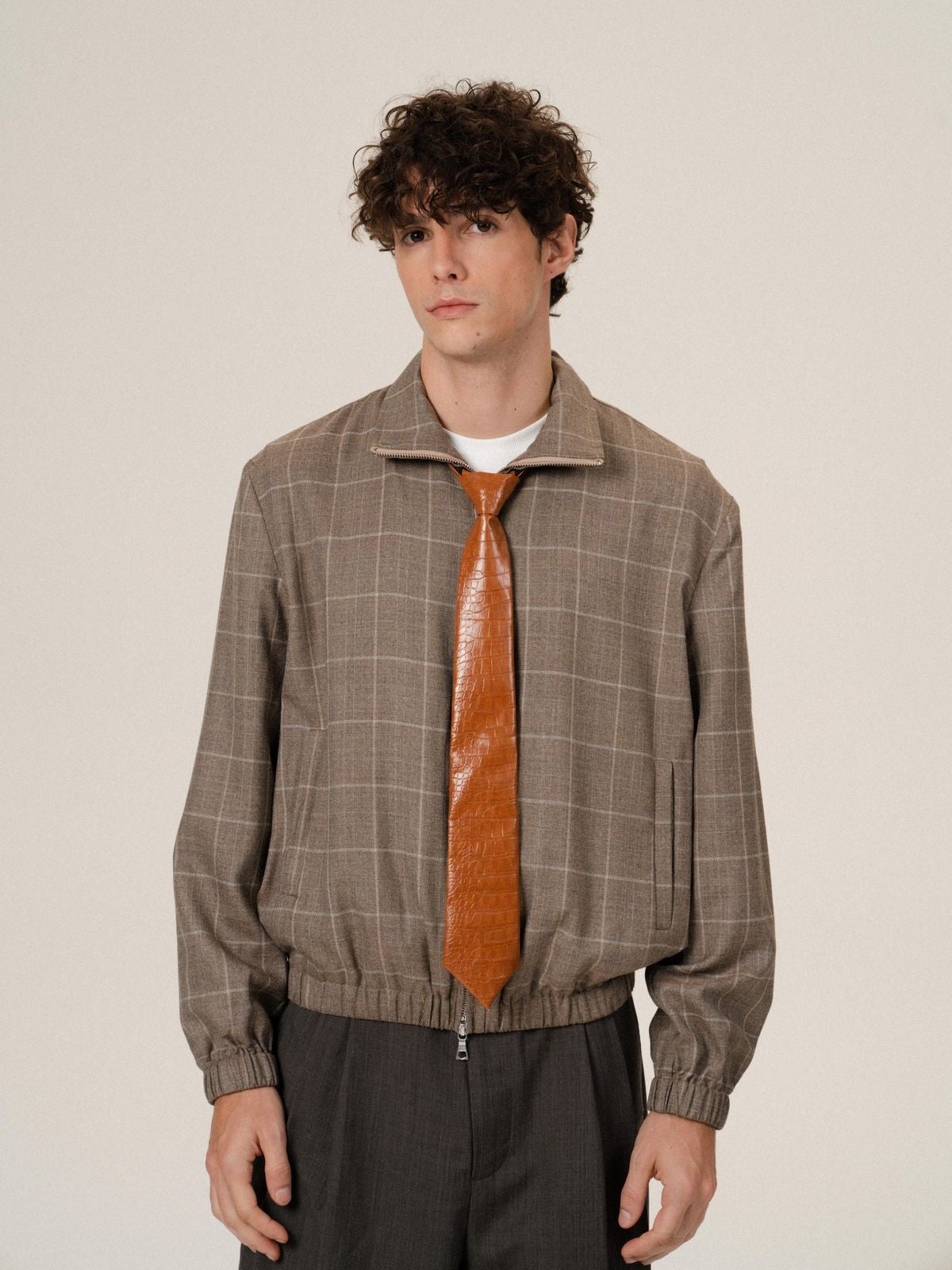 Retro 21 Silk Wool Plaid Double Zip Jacket in Brown - On Male Model