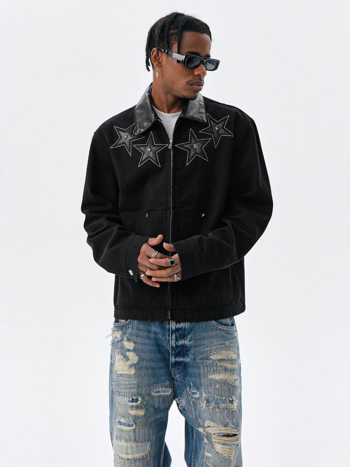 MEDM Leather Collar Star Appliqu Detroit Jacket in Black - On Male Model