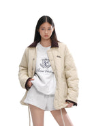 SweetChilling Quilted Contrast Collar Jacket in White - On Female Model