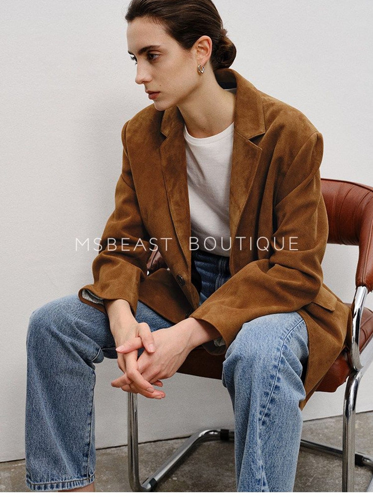 MSBEAST Oversized Sheepskin Suede Blazer in Dark Brown - On Female Model