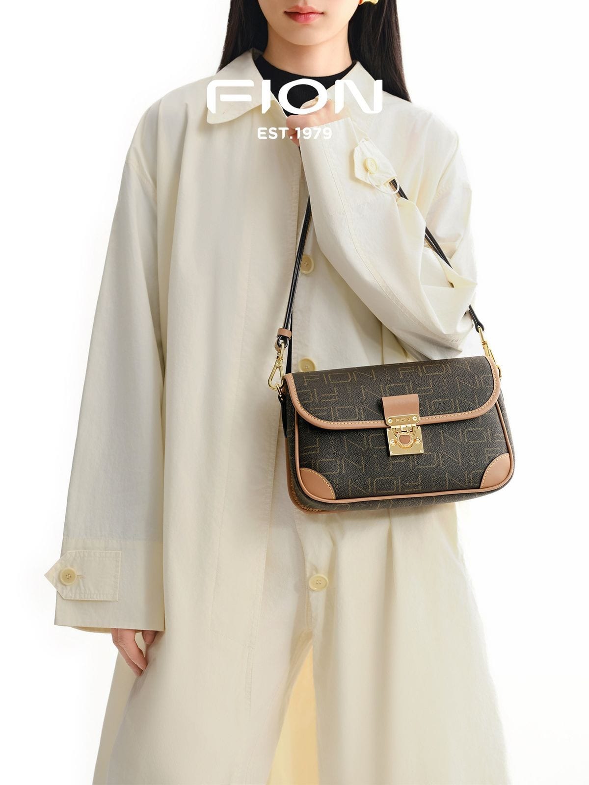 FION Monogram Faux Leather Baguette Bag in Brown - On Female Model