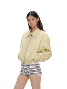 SweetChilling Fleece Lined Cropped Faux Leather Jacket in Beige - On Female Model