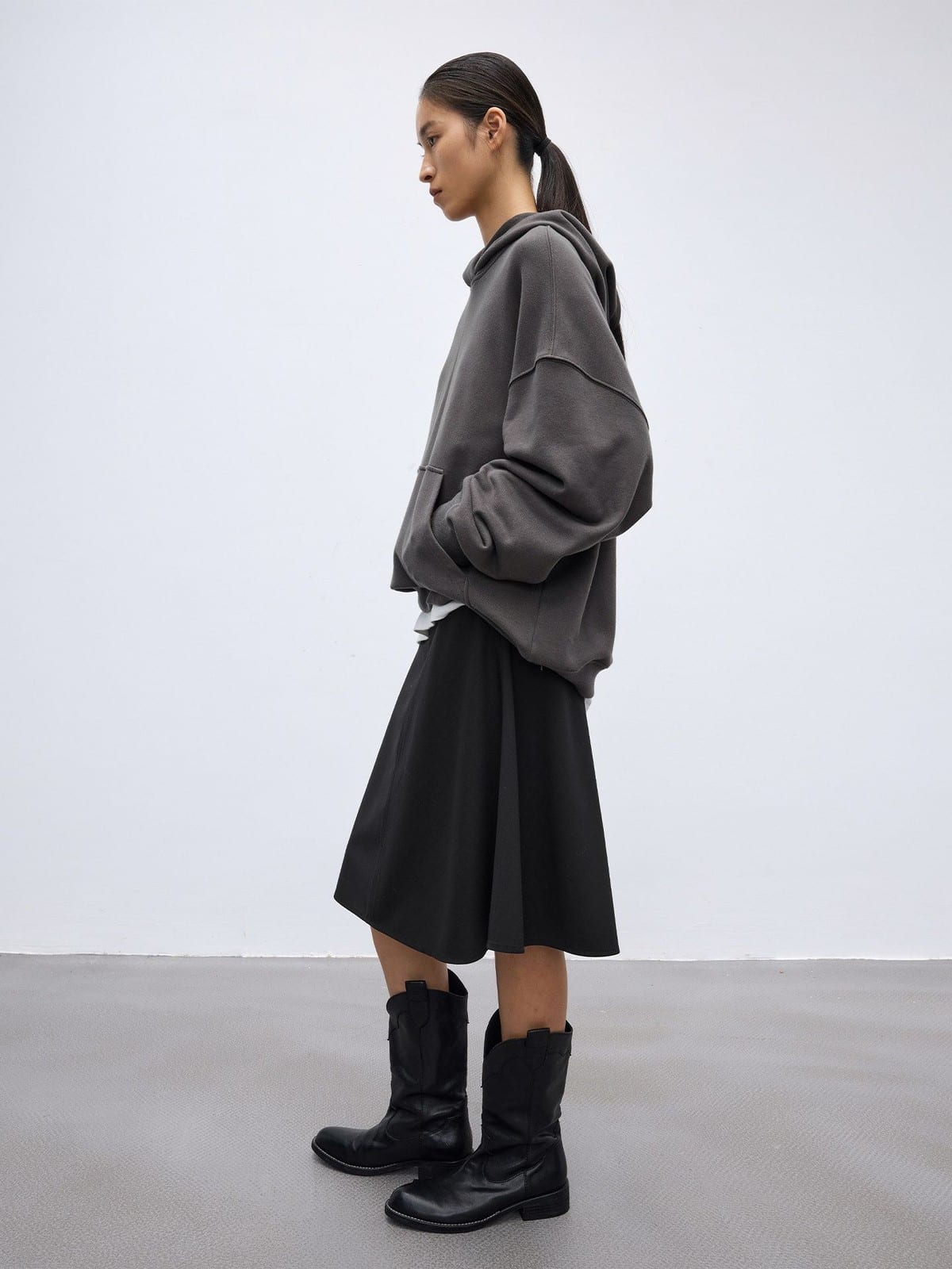 Random Piece Cotton Blend Drop Shoulder Hoodie in Gray - On Female Model