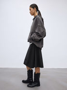 Random Piece Cotton Blend Drop Shoulder Hoodie in Gray - On Female Model