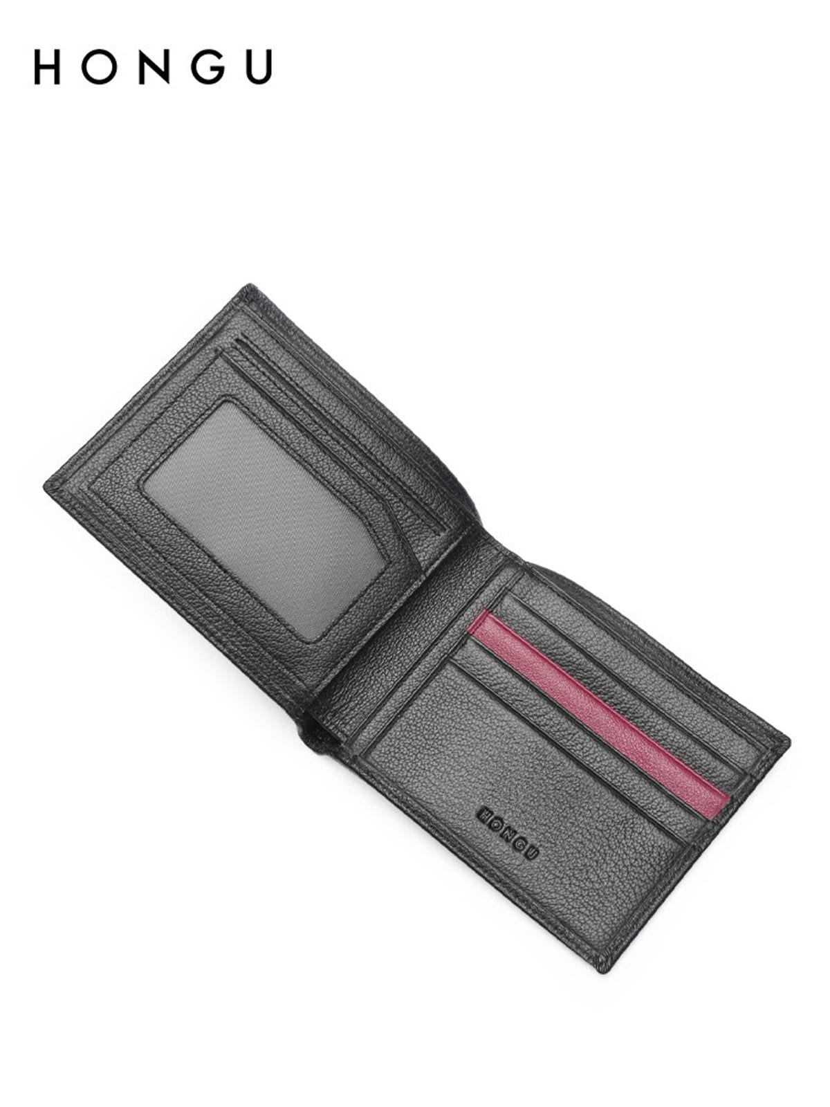 HONGU Embossed Top Grain Leather Bifold Wallet in Black