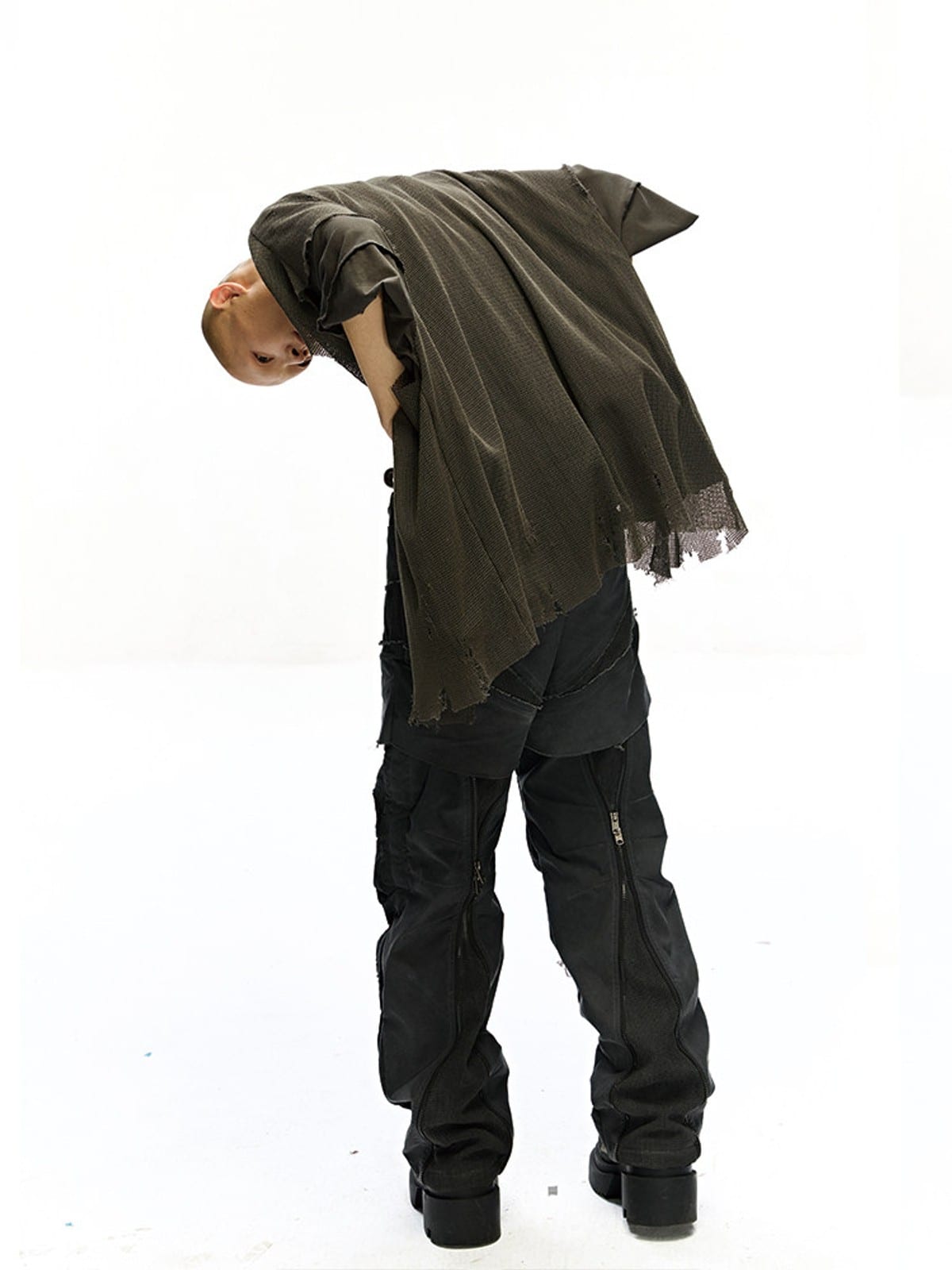 D5ove Reversible Mesh Paneled Distressed Cardigan in Army Green - On Male Model