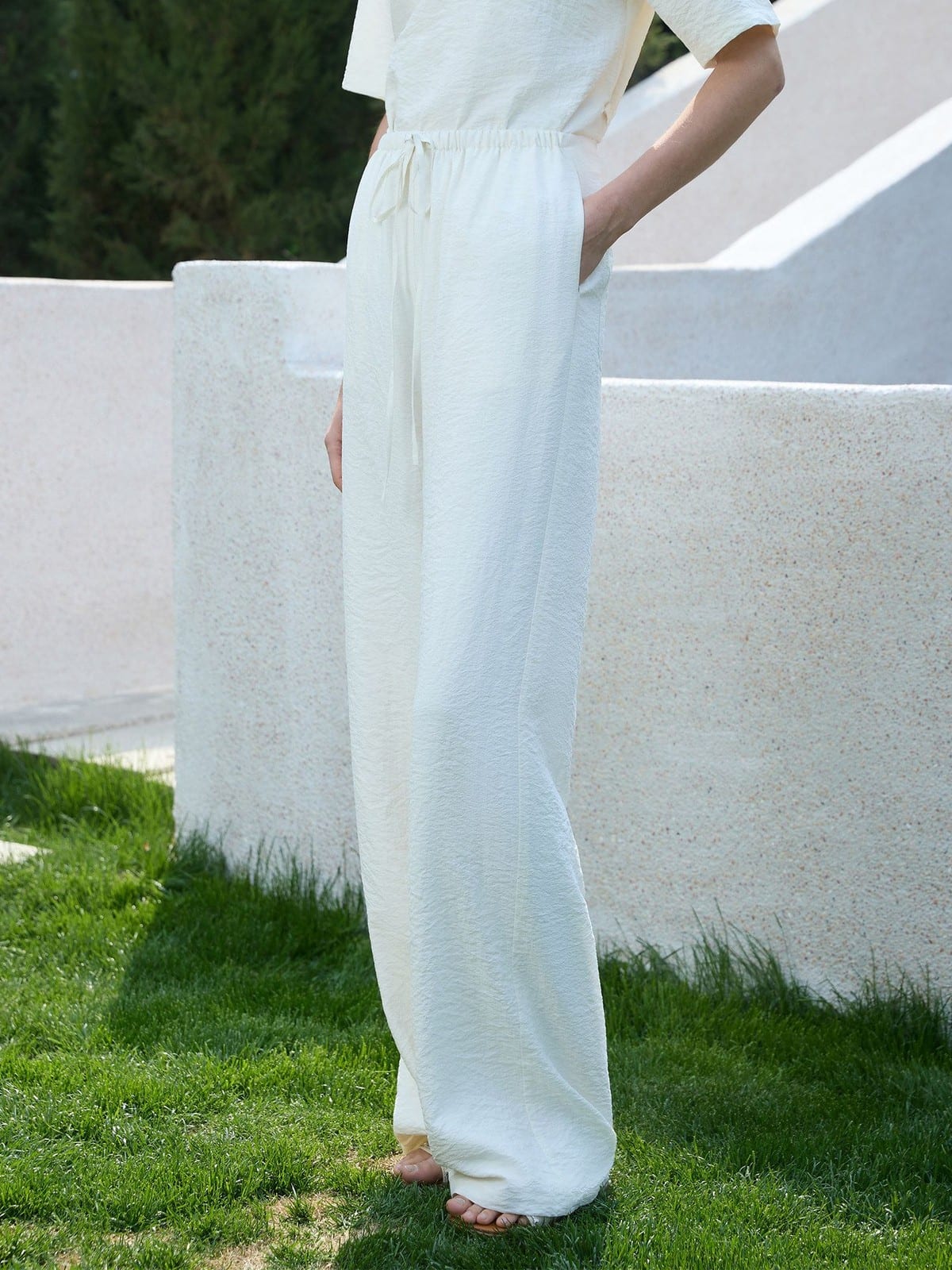 TEASEL Crinkled Silk Blend Short Sleeve Top in White - On Female Model