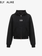 RARELY ALIKE Cinched Waist Logo Zip Up Hoodie in Black