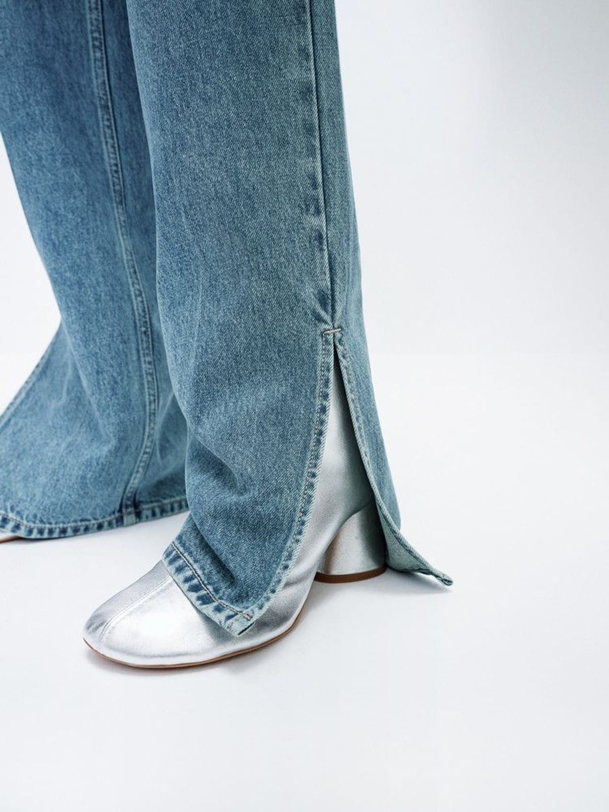 EDITION Silk Blend Split Hem Flared Jeans in Denim - On Model