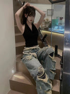 LOSTCTRL Heavy Distressed Double Layer Jeans in Blue - On Female Model