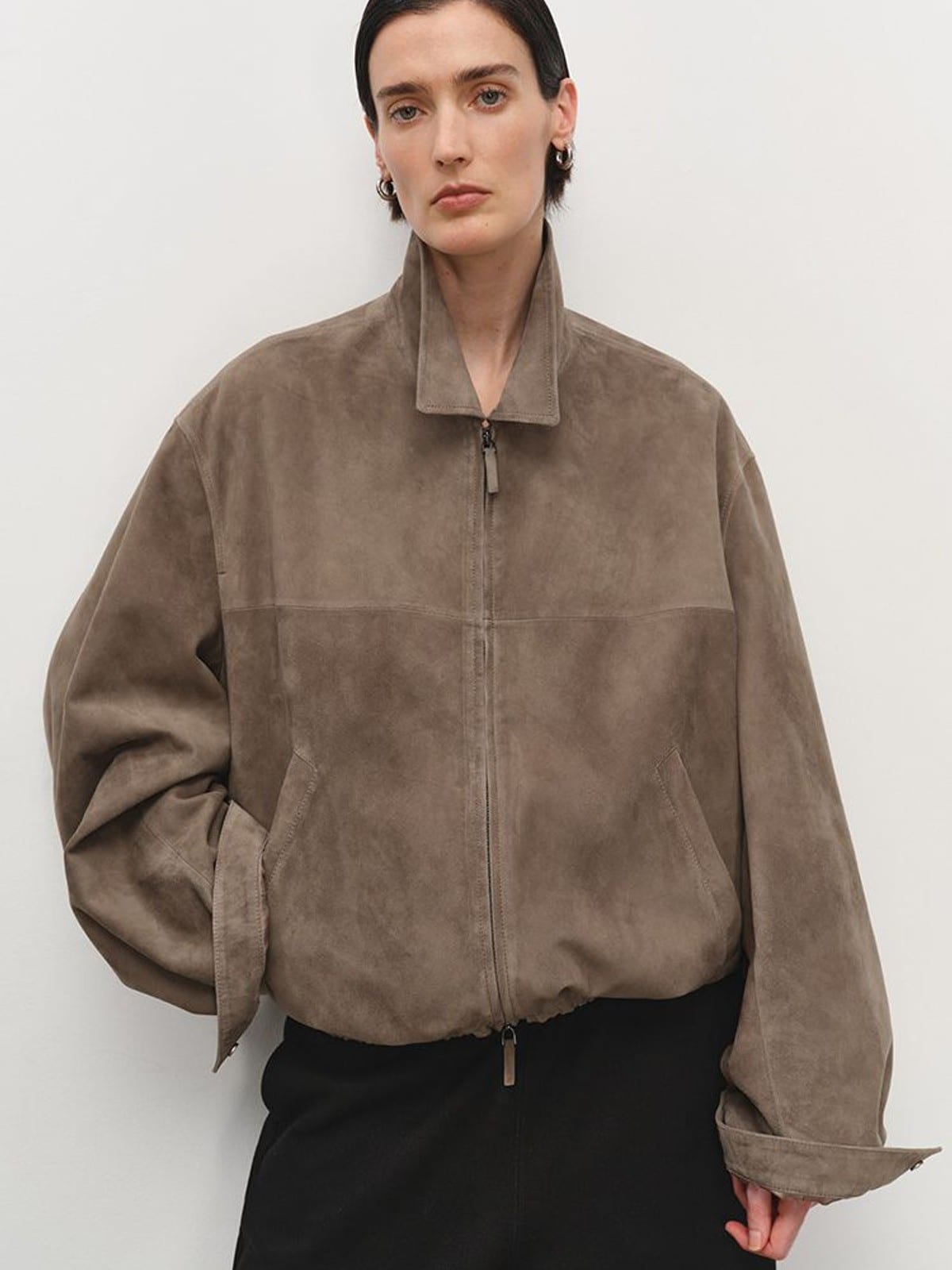 MSBEAST Broad Shoulder Sheepskin Jacket in Beige - On Female Model