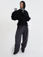 RARELY ALIKE Belted Double Breasted Short Wool Coat in Black - On Female Model