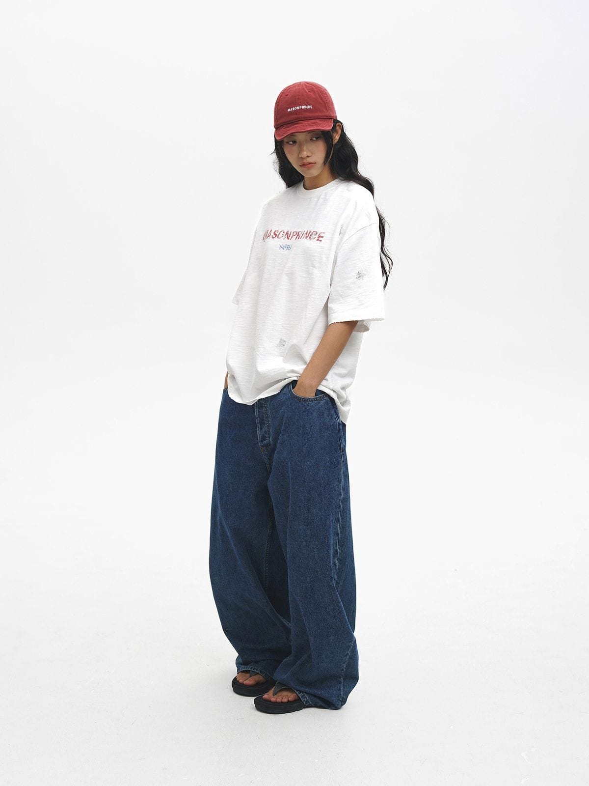 MASONPRINCE Distressed Embroidered Slub T Shirt in White - On Female Model