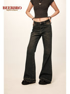 BeerBro Low Rise Raw Hem Micro Flare Jeans in Navy Blue - On Female Model