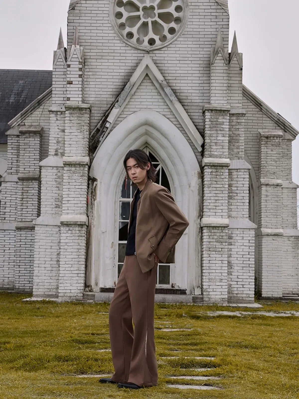 Y OFFICIAL Zip Stand Collar Jacket in Olive - On Male Model