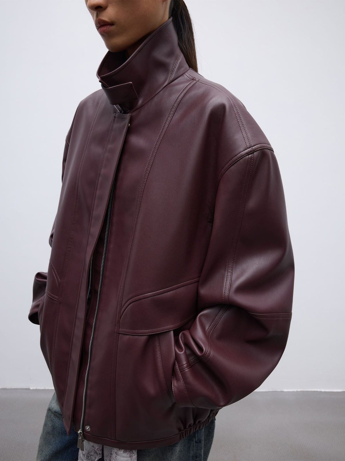 Random Piece Drop Shoulder Matte Faux Leather Jacket in Burgundy - On Female Model