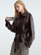 RARELY ALIKE Oversized Belted Faux Leather Jacket in Coffee - On Female Model