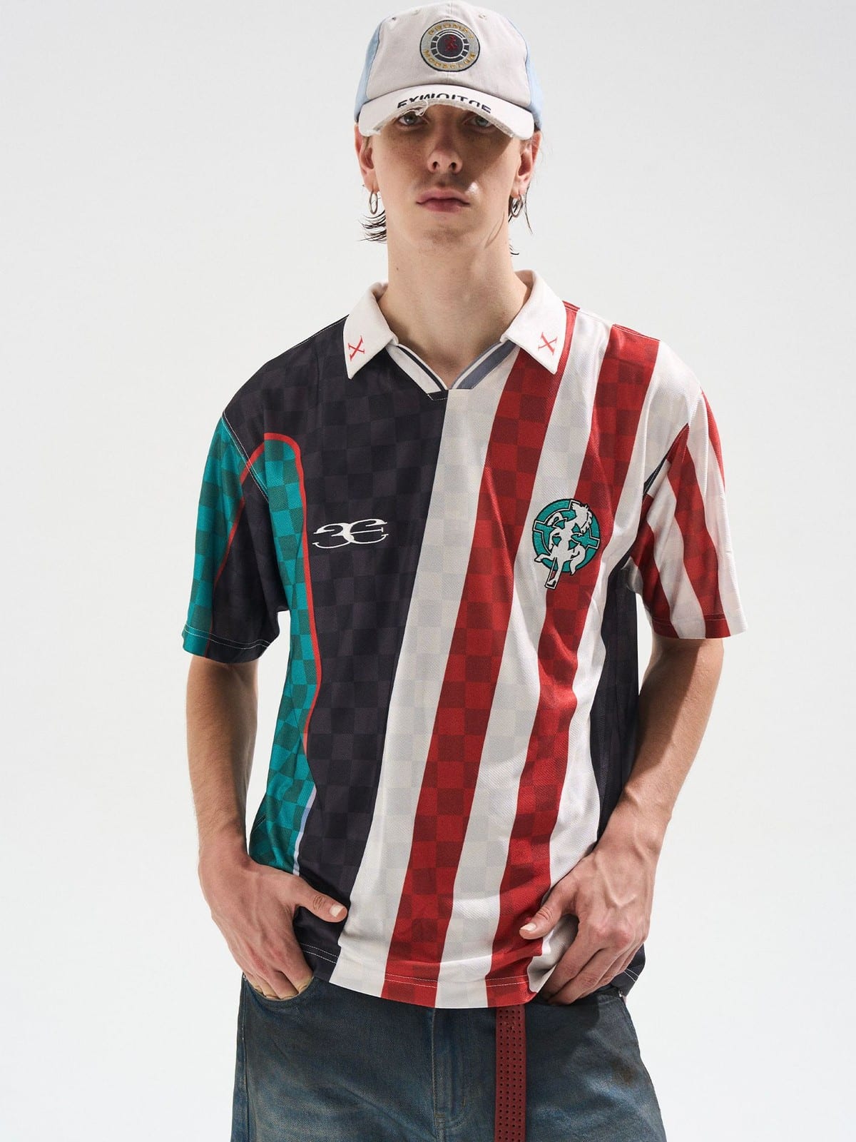 BLINDNOPLAN Digital Print Color Block Jersey Polo in Black - On Male Model